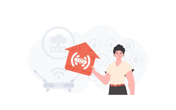 The man is depicted waist-deep, holding an icon of a house in his hands. Internet of things concept. Good for presentations and websites. Vector illustration in flat style.
