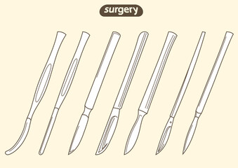 Set, sketch outline of a scalpel, knife silhouette. Surgical, dental, medical instrument