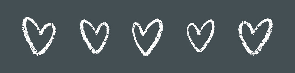 Heart vector background border. White textured chalk hearts on a black banner. 