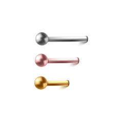 Piercing pin bars with ball in different metal color, realistic vector isolated.