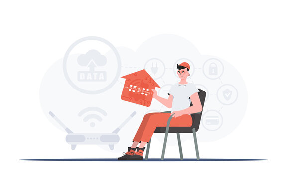 Internet of things concept. A man sits in an armchair and holds a house icon in his hands. Good for websites and presentations. Vector illustration in trendy flat style.
