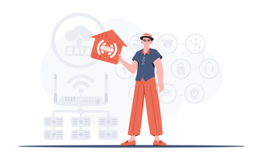 IoT concept. The man is depicted in full growth, holding the icon of the house in his hands. Good for presentations. Vector illustration in trendy flat style.