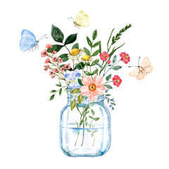 Wildflowers bouquet in a glass vase and butterflies, hand-painted floral arrangement illustration. - 513475184