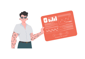 A man holds a panel with analyzers and indicators in his hands. IoT concept. Isolated. Vector illustration in trendy flat style.