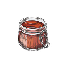 Open mason jar with tomato or BBQ sauce, sketch vector illustration isolated on white background.