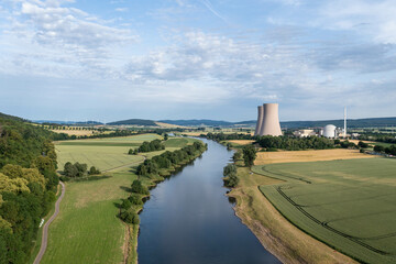 View of drone of nuclear power plant and river