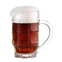 Misted large mug of dark beer with foam isolated on white background.