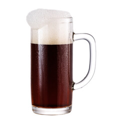 Misted mug of dark beer with foam isolated on white background.