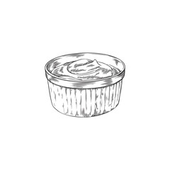 Food sauce or relish for snacks in cup, engraving vector illustration isolated.