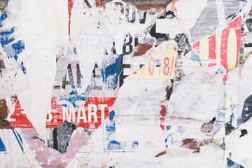 Torn street poster background, abstract ripped paper collage with text and numbers