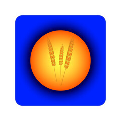 Spikelets icon on a yellow-blue background. Vector drawing of a yellow ladybug in the evening sky with ears of wheat.