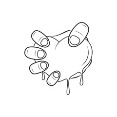 Vector heart icon in hand with black lines. The heart is clenched in the hand and flows with blood.