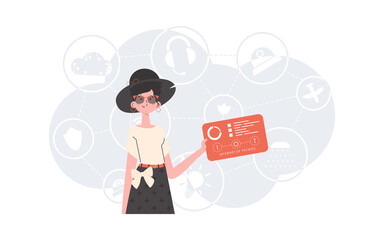 Internet of Things and Automation Concept. A woman holds a panel with analyzers and indicators in her hands. Good for websites and presentations. Trendy flat style. Vector.