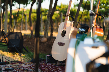 Music in the vineyard. Band with drums and guitars in the Italian vineyards