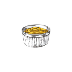 Hand drawn yellow mustard sauce in bowl sketch style