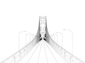Outline of a large detailed bridge with lanterns. Front view. 3D. Vector illustration.