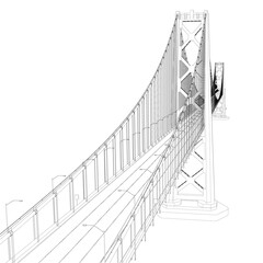 Outline of a large detailed bridge with lanterns. Perspective view. 3D. Vector illustration.