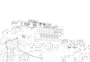 The outline of the city in ruins from black lines isolated on a white background. Hillside houses. Vector illustration.