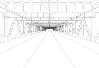 The contour of the road under the bridge from black lines isolated on a white background. Perspective view. 3D. Vector illustration.