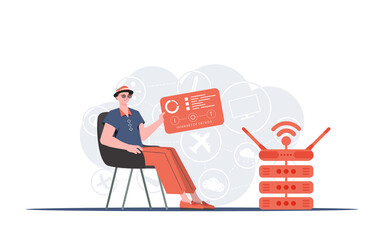 Internet of things concept. A man sits in a chair and holds a panel with analyzers and indicators in his hands. Good for websites and presentations. Vector illustration.
