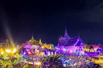 Fototapeta premium Ancient Siam,Samut Prakan,Thailand on April 3,2021:Beautiful illuminations at central zone of Ancient city during 