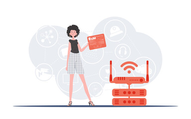 IOT and automation concept. A woman holds a panel with analyzers and indicators in her hands. Good for websites and presentations. Trendy flat style. Vector.