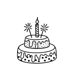 Contour drawing of a cake with a candle on a white background. Doodle. Clip art