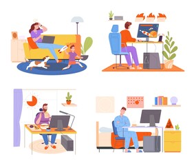 Remote work problems. Parent home office, child misbehave, people at computer laptop freelance professional person, employee late kids