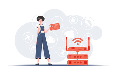 IoT concept. A woman holds a panel with analyzers and indicators in her hands. Good for websites and presentations. Trendy flat style. Vector.