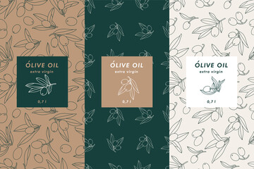 Vector set labels with olive branch - simple linear style. Emblems composition with olives and typography. Seamless pattern.