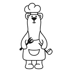 Funny teddy bear with a ladle and fork. Vector illustration. Doodle style. Suitable for holiday decoration.