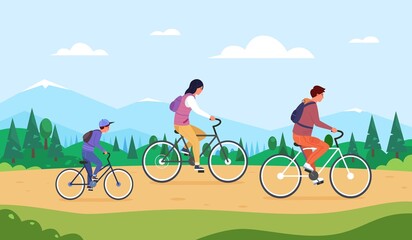 Naklejka na ściany i meble Family forest cycling. Spring ride on bicycle green countryside, happy child biker cycle hiking healthy activity leisure outdoor mountain nature