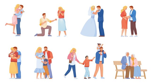 Stages of family. Couple marriage concept, parent planning relationship pregnancy plan birth boy, people generation cycle happy parents wedding and kids, swanky vector illustration