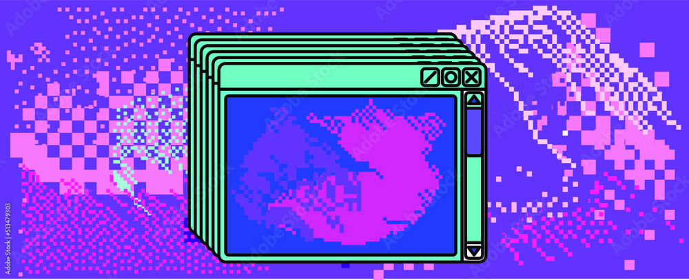 Poster Trendy vaporwave background with pixel art chaotic composition. Concept of a glitchy computer screen.