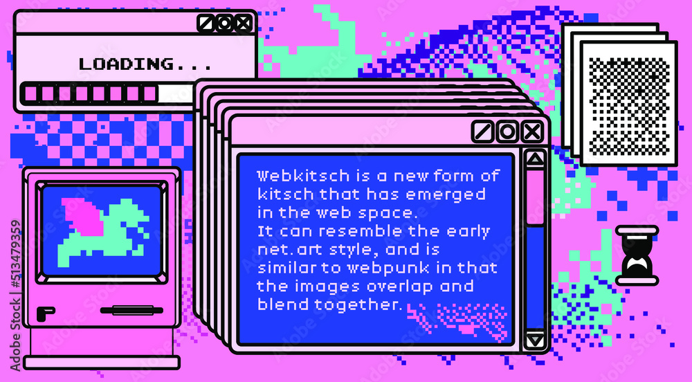 Poster Collage art with an old retro computer and glitched pixelated shapes. Webkitsch and webpunk style vector illustration.