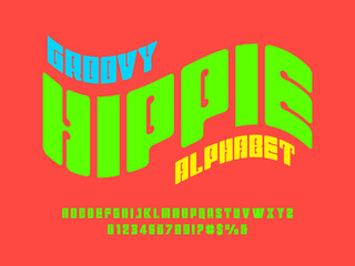 Hippie psychedelic style alphabet design with uppercase, numbers and symbols