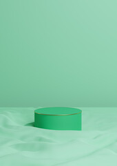 Bright turquoise green 3D rendering minimal product display one luxury cylinder podium or stand on wavy textile product background wallpaper abstract composition with golden line