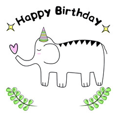 Vector cute minimalistic card with elephant.  Cartoon character.  Happy Birthday.  Colorful flat illustration.
