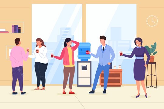 Cooler conversation. Coworkers gossip on coffee break or rest, colleagues talking at water dispenser, two employee with drink cup chat in office workplace, flat vector illustration