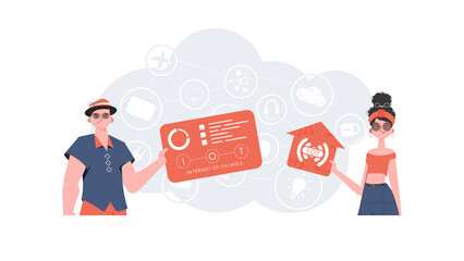 IoT concept. The girl and the guy are a team in the field of Internet of things. Good for websites and presentations. Vector illustration in flat style.