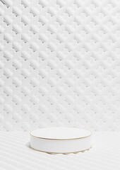 White, light gray 3D rendering luxury product display vertical product photography one cylinder podium stand golden line and ornament wallpaper or background simple, minimal composition