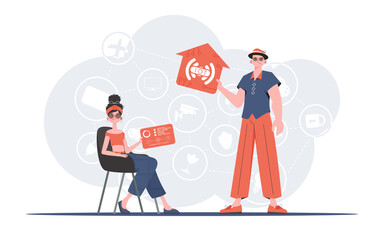 Internet of things concept. A man and a woman are a team in the field of the Internet of things. Good for presentations and websites. Vector illustration.