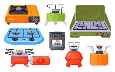 Camping stove. Cartoon gas camp burner, portable indoor cooker, outdoor furnace for picnic cooking on heat flame propane hob butane fire travel stoves cook neat vector illustration