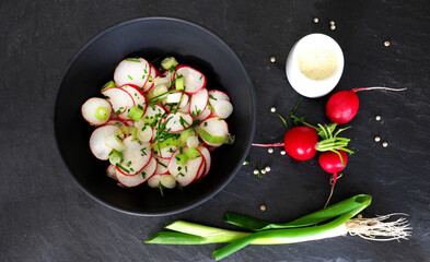 Radieschen, Radieschensalat, Lauchzwiebel, Schnittlauch, 
Salat, Salatdressing, Garten, Bio, Pfeffer, Gemüse, Dressing,
Rapsöl, Essig, Senf, Garten, Gesund, Vitamine, Calcium,
Kalium, Magnesium, Natri