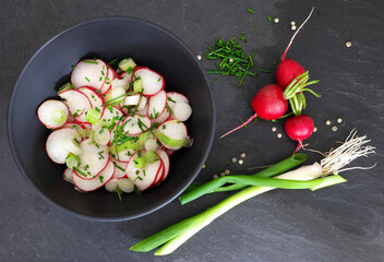 Radieschen, Radieschensalat, Lauchzwiebel, Schnittlauch, 
Salat, Salatdressing, Garten, Bio, Pfeffer, Gemüse, Dressing,
Rapsöl, Essig, Senf, Garten, Gesund, Vitamine, Calcium,
Kalium, Magnesium, Natri