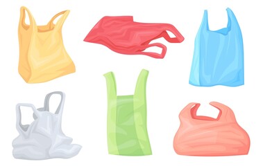 Used plastic bags. Transparent bag hypermarket shop, disposable colorful wrapping empty plastic-bag supermarket packet recycle garbage rubbish color pack neat vector illustration
