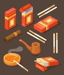 Isometric cigarette. Pack cigar or cigarettes filter on ashtray, 3d tobacco box warning addiction smoker tube package or packet cigars fire ash, isolated neat vector illustration