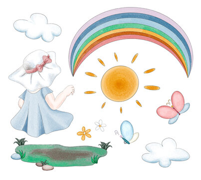 Summer constructor of 10 elements about baby on the lawn. There are a cute little cartoon girl back, beautiful rainbow and sun, clouds, butterflies and lawn. Digital illustration in watercolor style