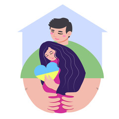 Pray for ukraine. Hugging man and woman. Stand with Ukraine card idea. Heart in the colors of the Ukrainian flag