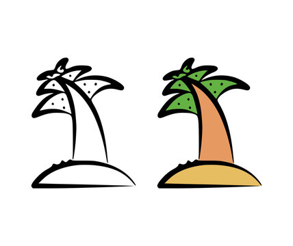 Vector illustration of a palm tree in a hand drawn style on a white background.